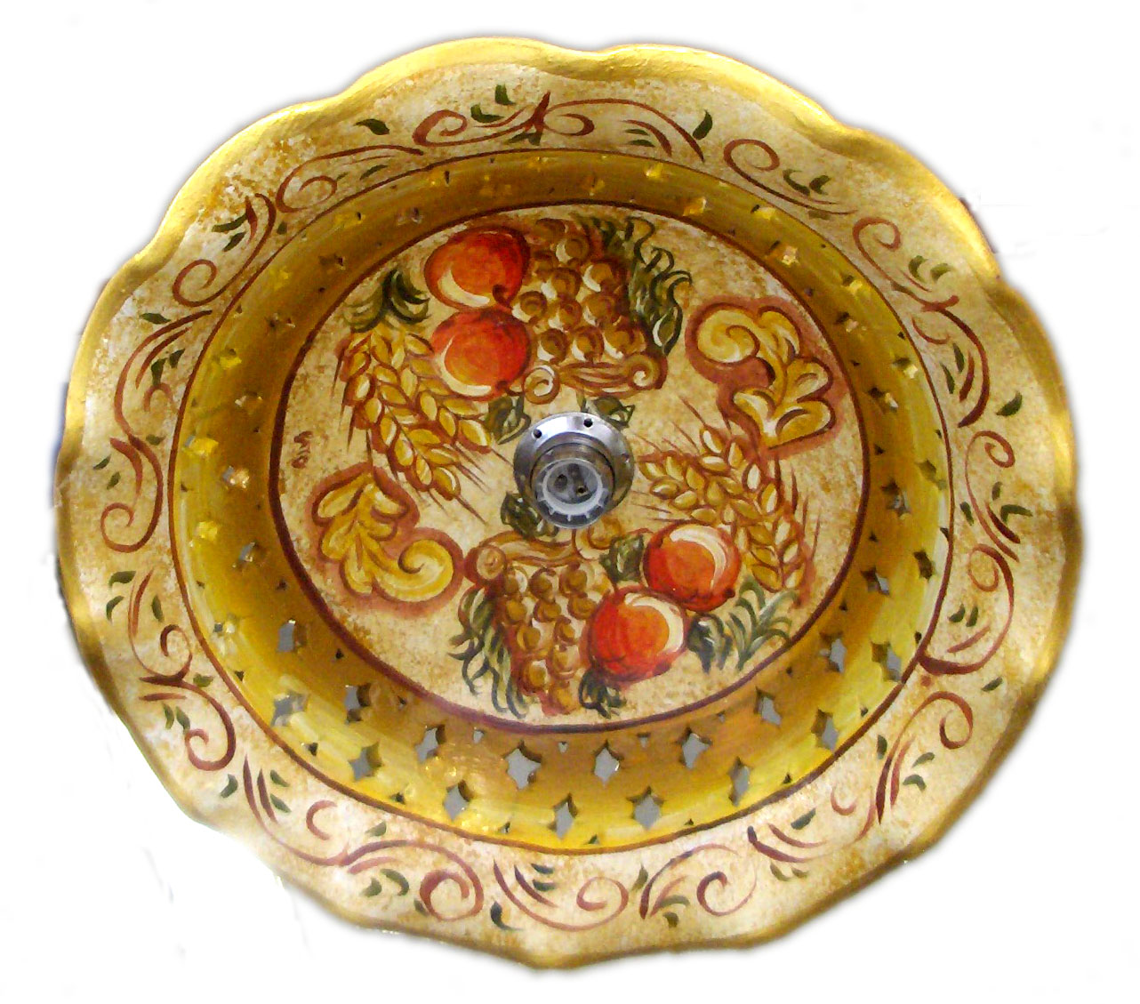 Lampadario smerlato, traforato, diametro 45 cm, decorato a frutta, colore oro