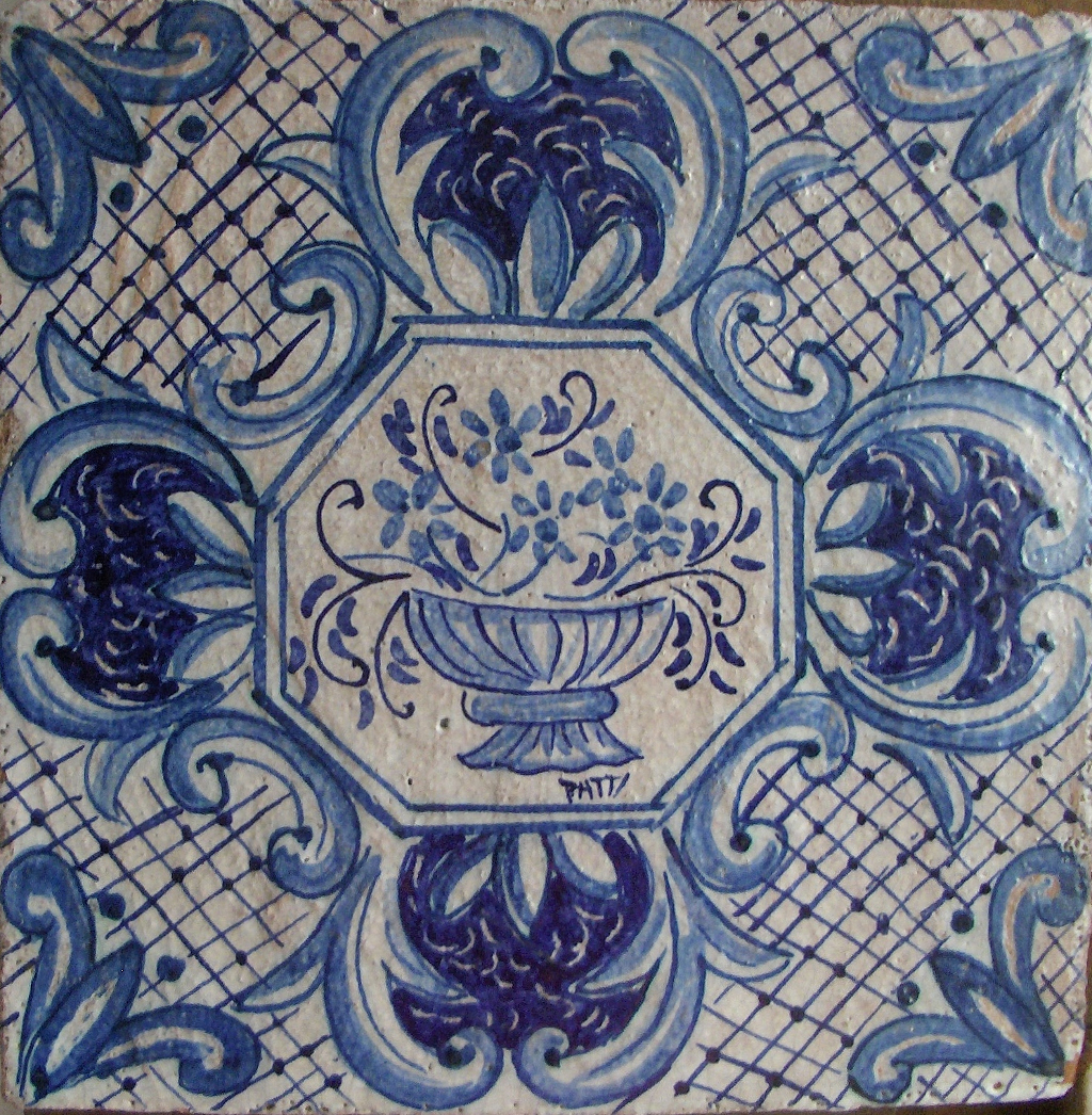 Piastrella 20x20 raffigurante vaso con fiori, colore azzurro