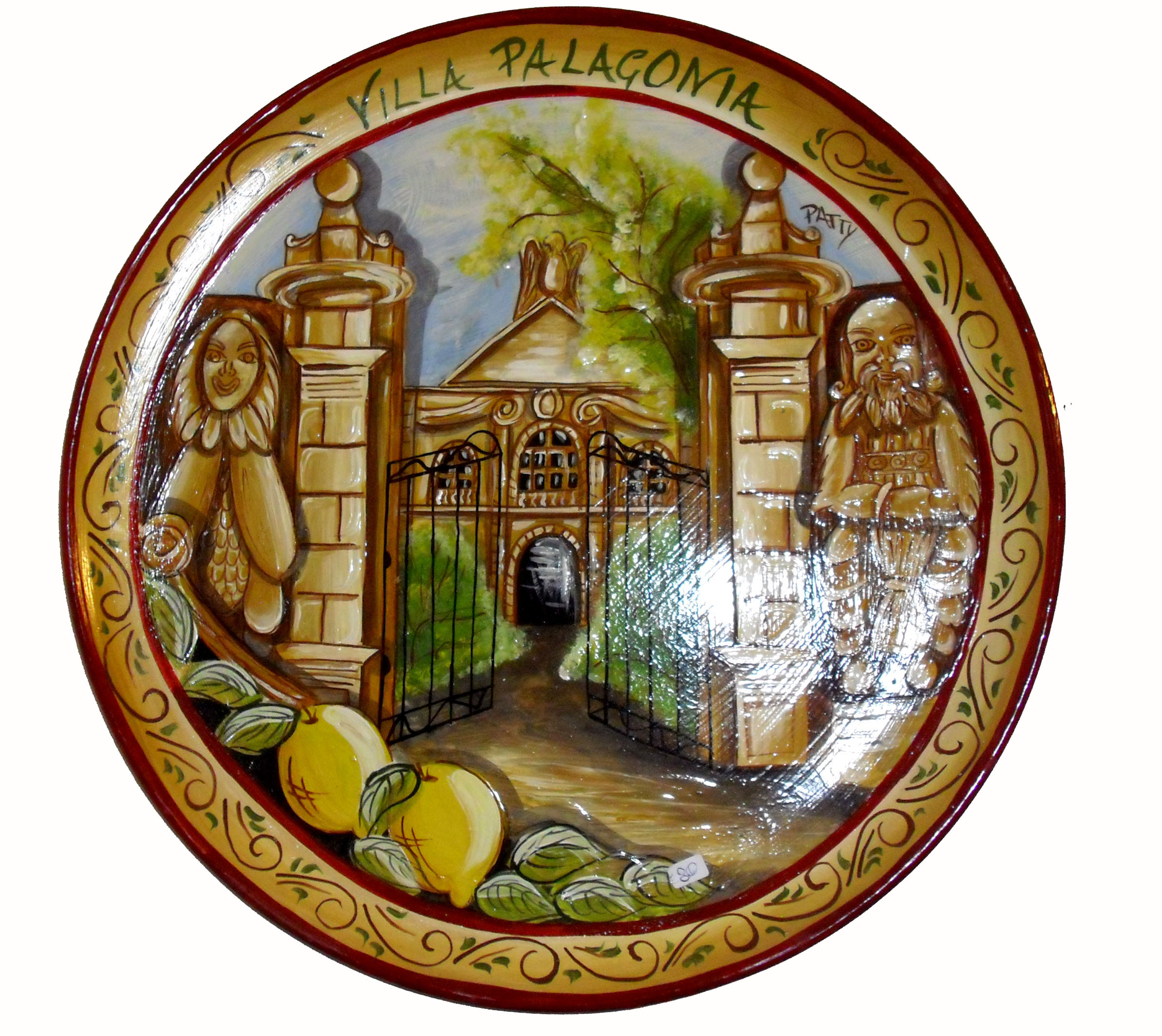 Piatto raffigurante limoni, sullo sfondo Villa Palagonia a Bagheria. Diametro 45 cm