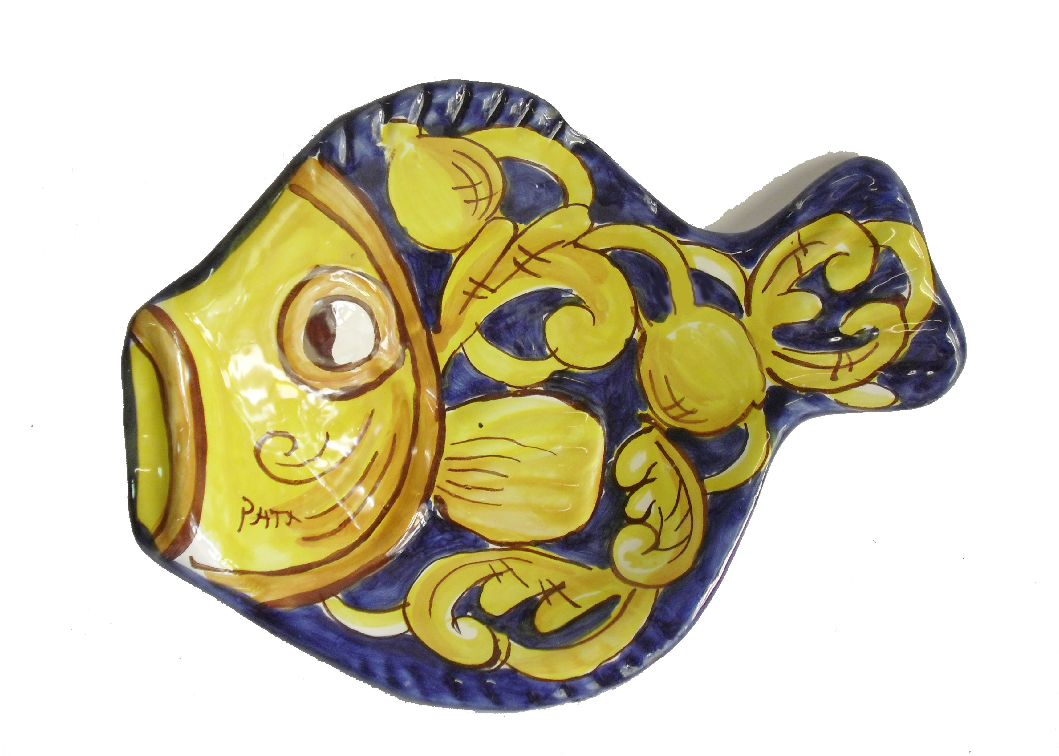 Piatto a forma di pesce, colori blu e giallo