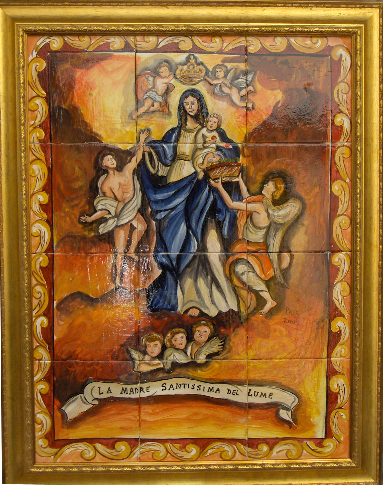 Quadro su piastrelle: Madonna del Lume di Porticello, Santa Flavia (PA). Cornice in oro