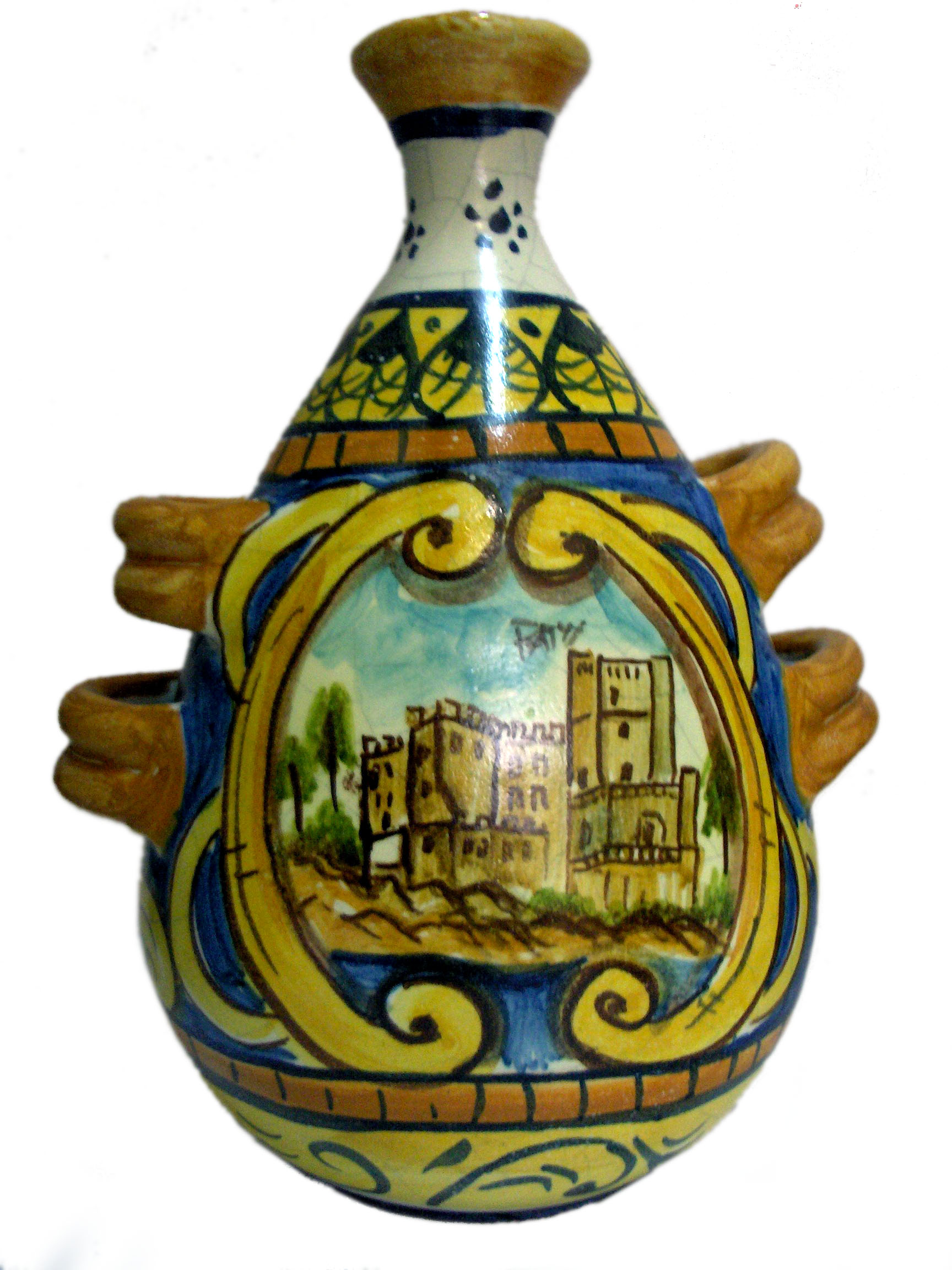 Vaso-bottiglia a 4 manici, raffigurante il Castello di Solanto, altezza 28 cm
