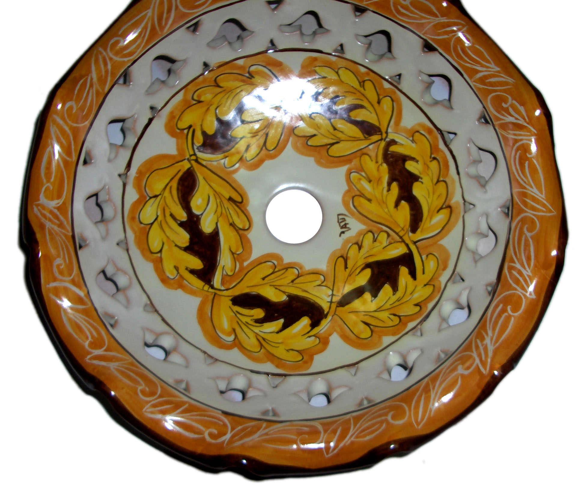 Lampadario smerlato, traforato, diametro 38 cm, colori marrone e giallo