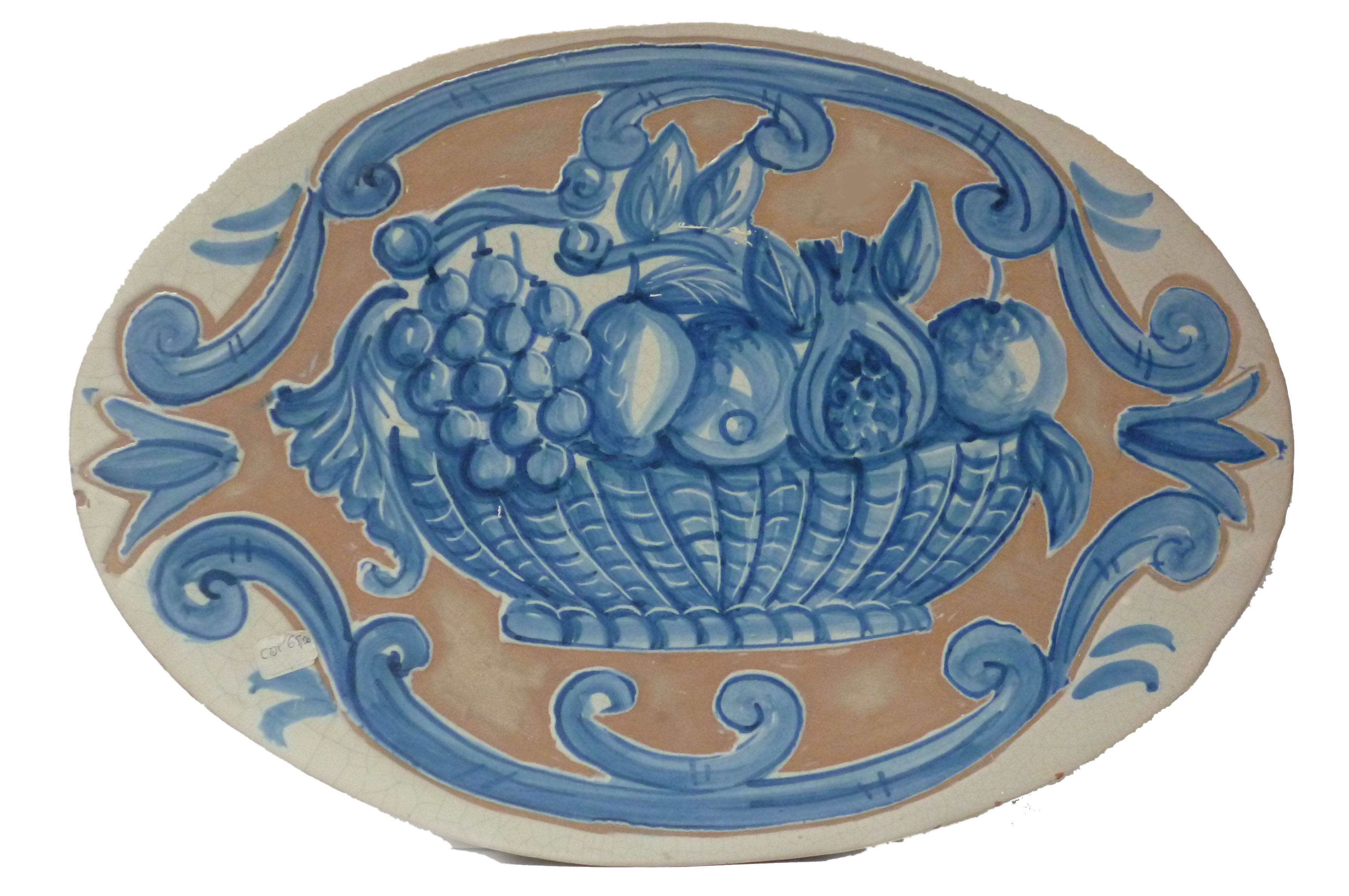 Ovale con cesto di frutta, colore azzurro. Dimensioni 30x40