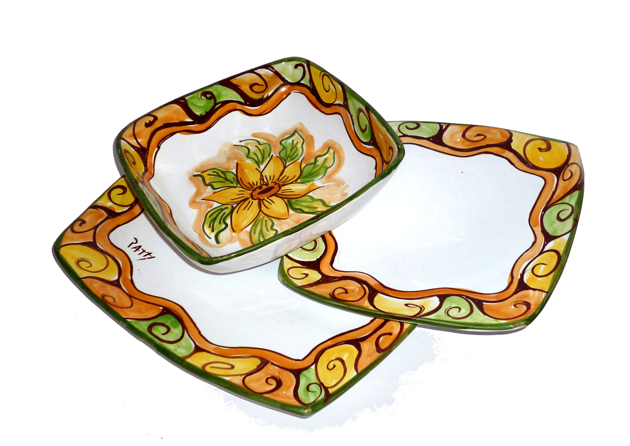 Servizio di piatti, con girasole, colori arancio e verde