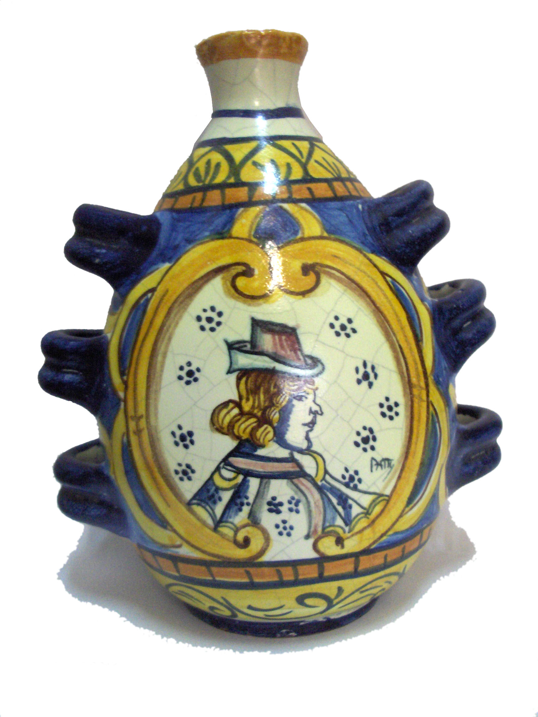 Vaso-bottiglia a 6 manici, raffigurante un duca, altezza 28 cm