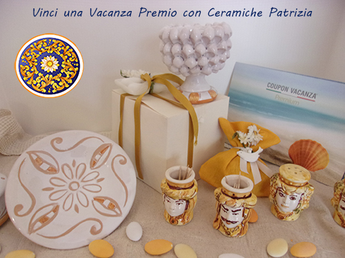 Vacanze premio offerte da Ceramiche Patrizia: acquistando bomboniere della nuova collezione 2016, in ceramica artistica siciliana, viene dato in omaggio un coupon, per richiedere una prenotazione presso villaggi vacanze, hotel e residence.