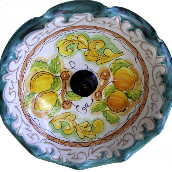 Lampadario smerlato, diametro 38 cm, decoro a limone, colore verde-rame