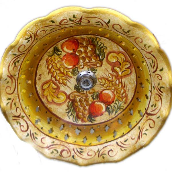 Lampadario smerlato, traforato, diametro 45 cm, decorato a frutta, colore oro